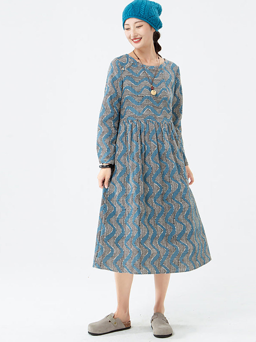 Übergröße - Langärmliges Kleid aus Baumwolle mit Streifen und Tasche für Damen