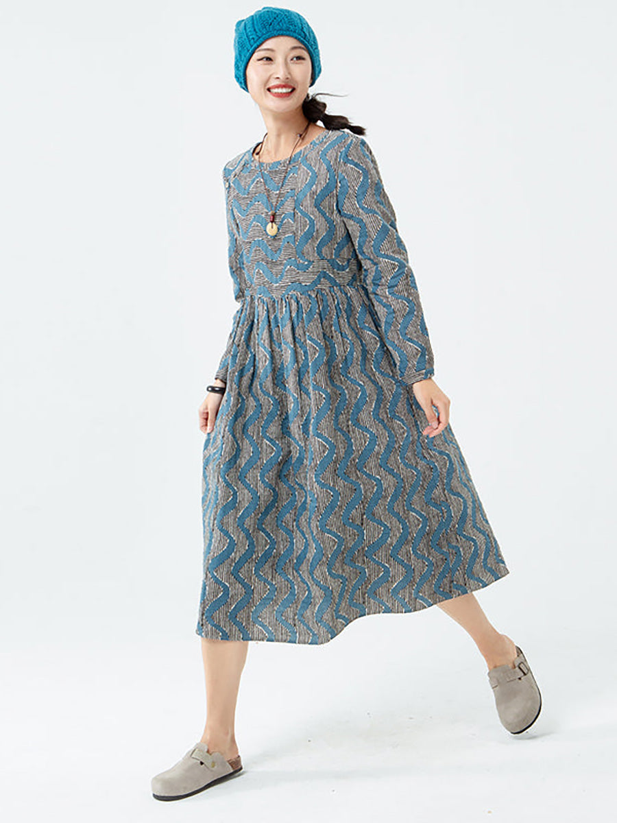 Übergröße - Langärmliges Kleid aus Baumwolle mit Streifen und Tasche für Damen