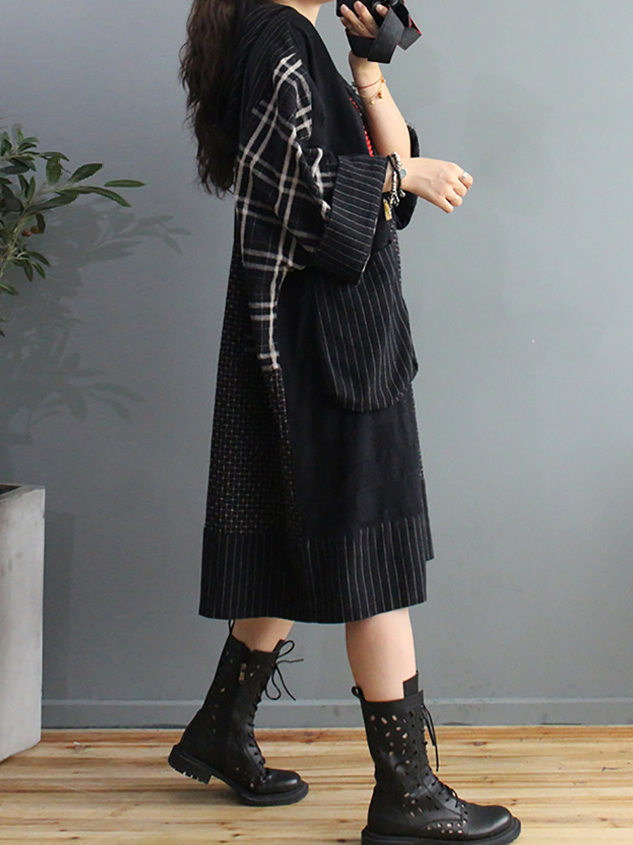 Übergröße Retro-Kariertes Kleid mit Kapuze und großen Taschen