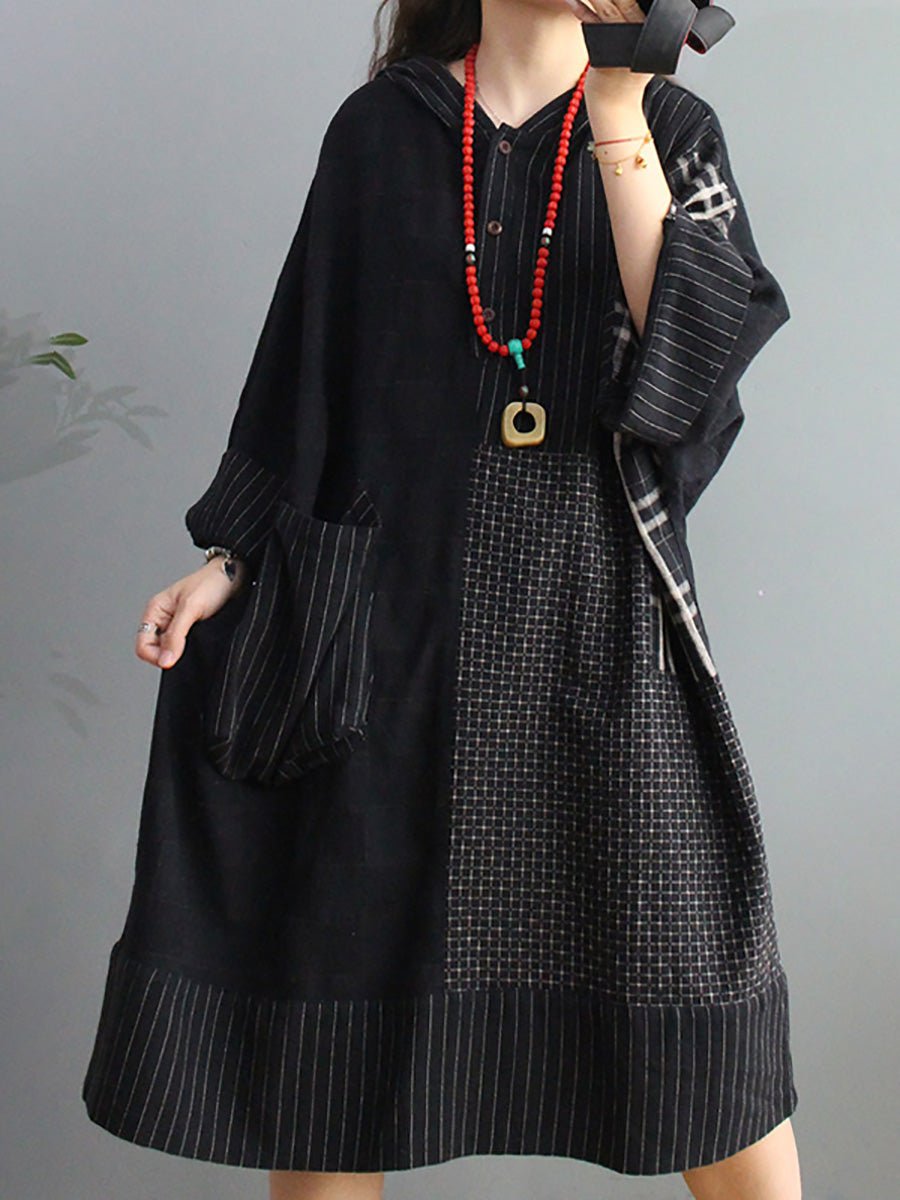 Übergröße Retro-Kariertes Kleid mit Kapuze und großen Taschen