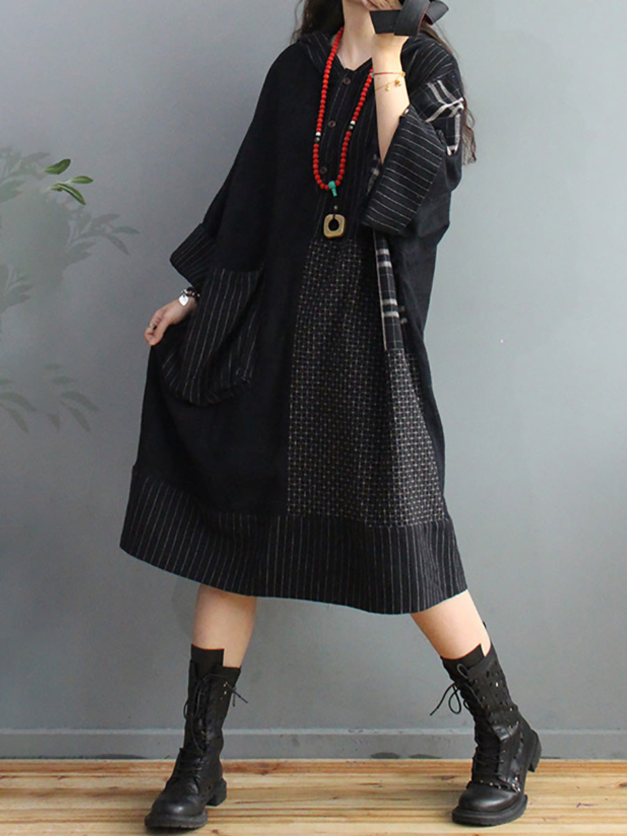 Übergröße Retro-Kariertes Kleid mit Kapuze und großen Taschen