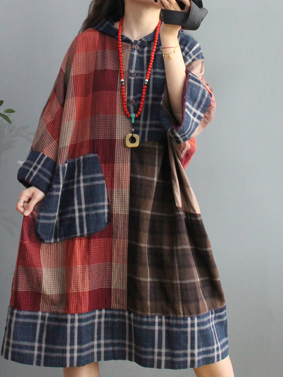 Übergröße Retro-Kariertes Kleid mit Kapuze und großen Taschen
