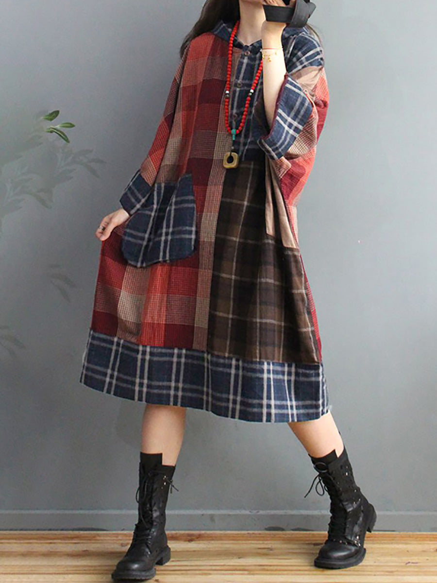 Übergröße Retro-Kariertes Kleid mit Kapuze und großen Taschen