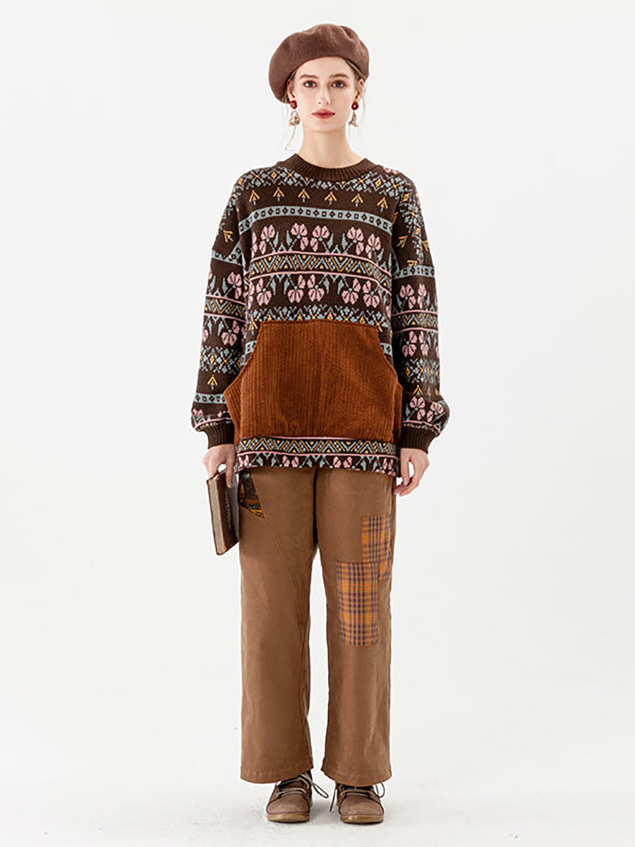PLUS Größe - Gestrickter Vintage-Pullover mit geometrischen Taschen