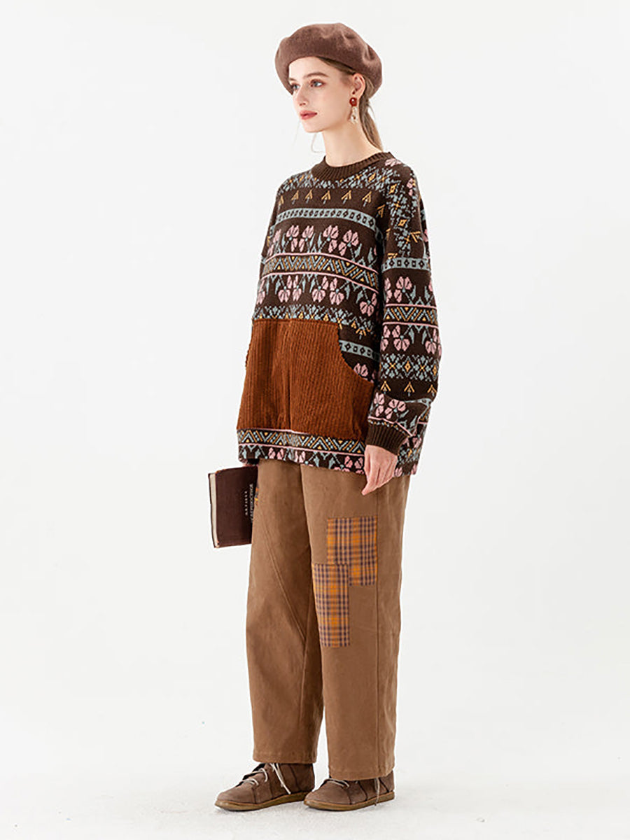PLUS Größe - Gestrickter Vintage-Pullover mit geometrischen Taschen