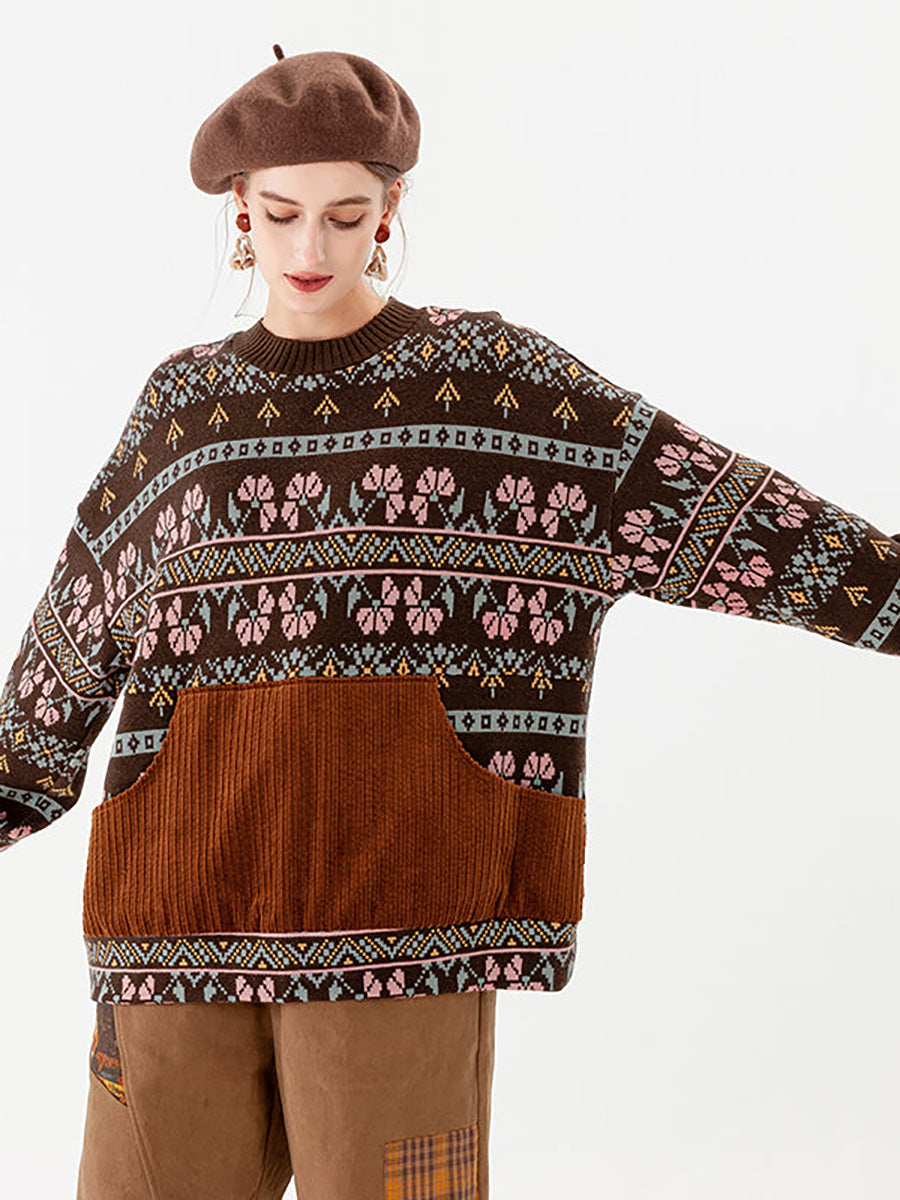 PLUS Größe - Gestrickter Vintage-Pullover mit geometrischen Taschen