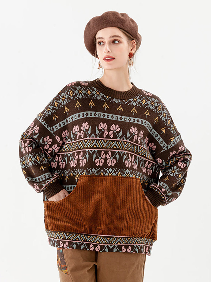 PLUS Größe - Gestrickter Vintage-Pullover mit geometrischen Taschen