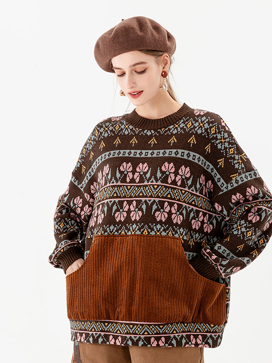 PLUS Größe - Gestrickter Vintage-Pullover mit geometrischen Taschen