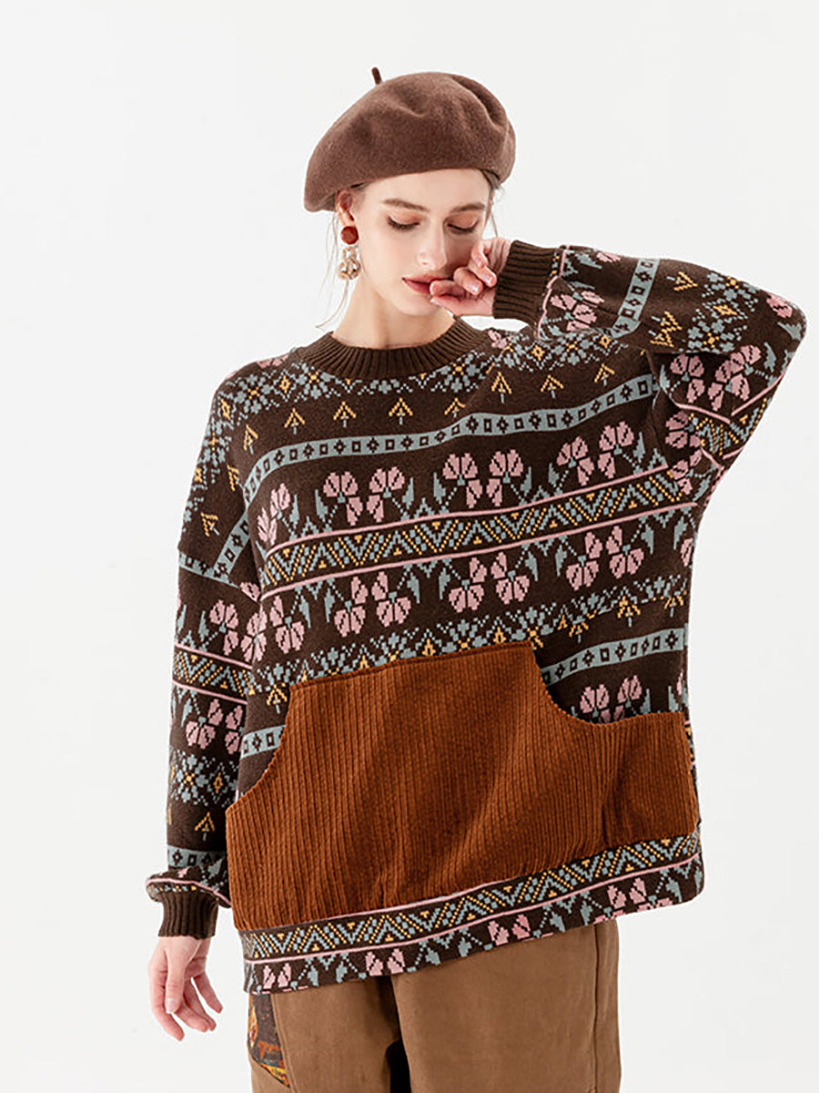 PLUS Größe - Gestrickter Vintage-Pullover mit geometrischen Taschen