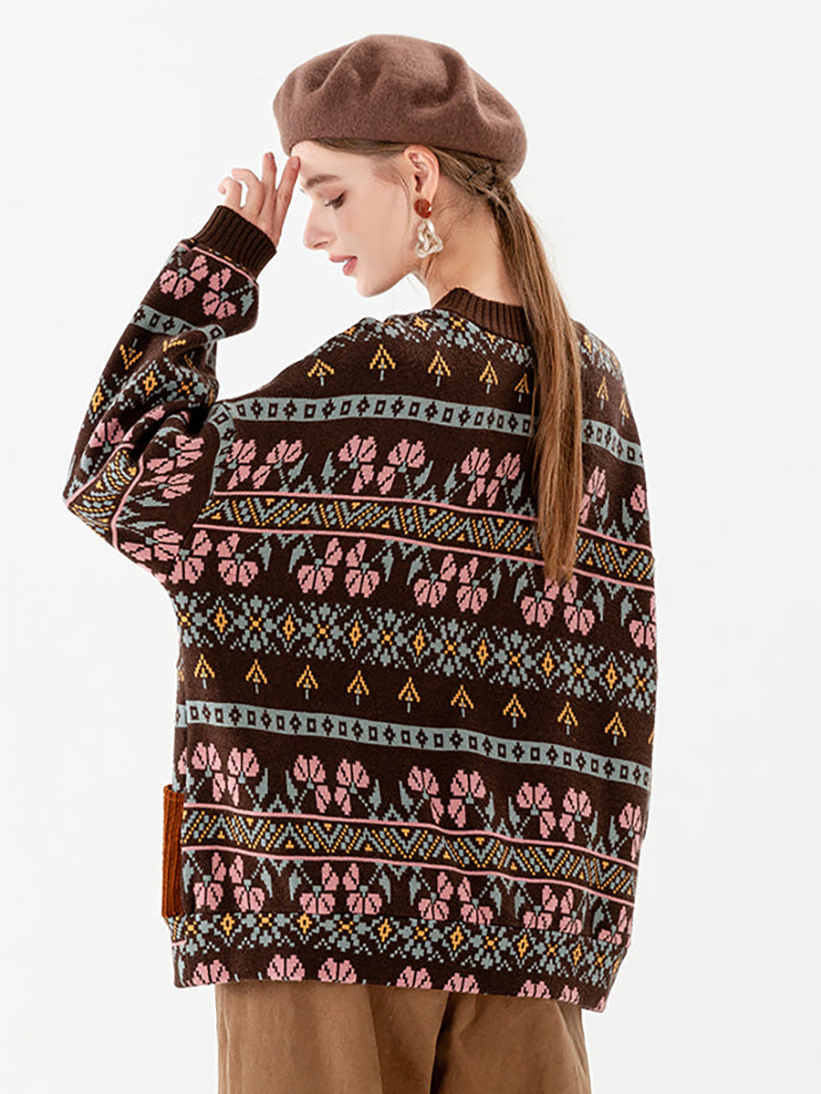 PLUS Größe - Gestrickter Vintage-Pullover mit geometrischen Taschen