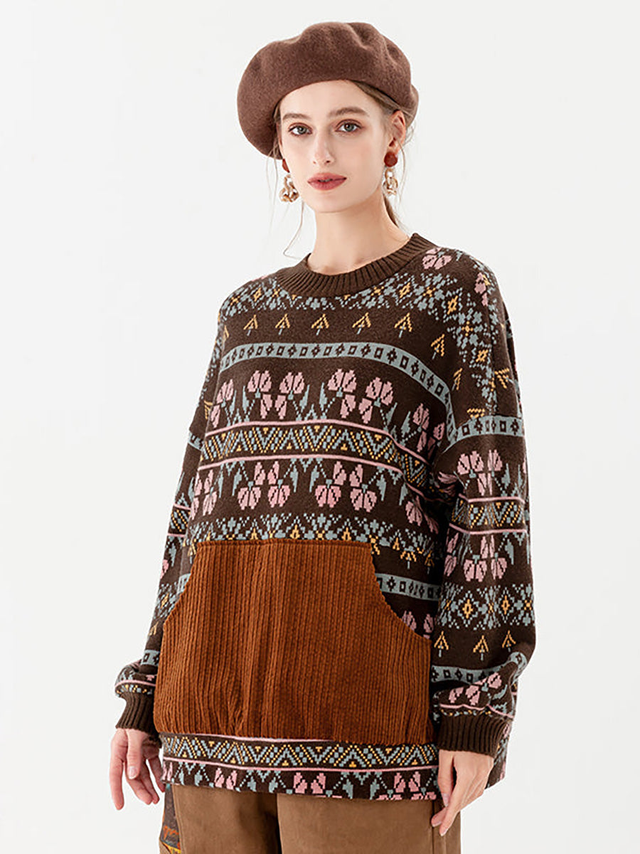 PLUS Größe - Gestrickter Vintage-Pullover mit geometrischen Taschen