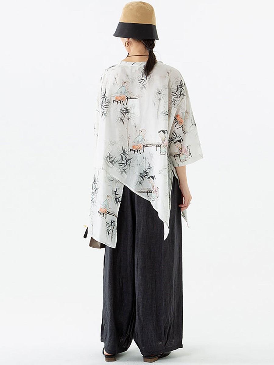 Übergröße - Damen-T-Shirt mit Rundhalsausschnitt und unregelmäßigem Saum aus Leinen und Tencel