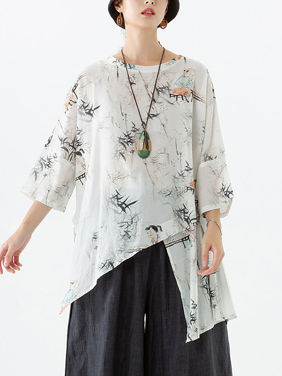 Übergröße - Damen-T-Shirt mit Rundhalsausschnitt und unregelmäßigem Saum aus Leinen und Tencel