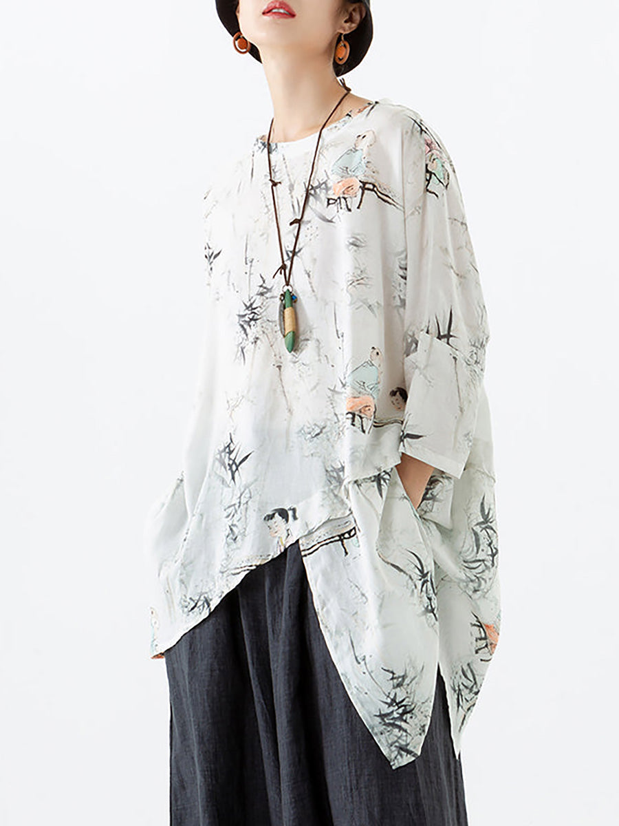 Übergröße - Damen-T-Shirt mit Rundhalsausschnitt und unregelmäßigem Saum aus Leinen und Tencel