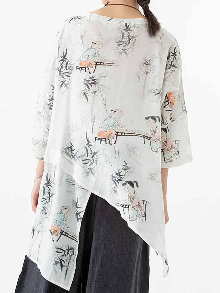 Übergröße - Damen-T-Shirt mit Rundhalsausschnitt und unregelmäßigem Saum aus Leinen und Tencel