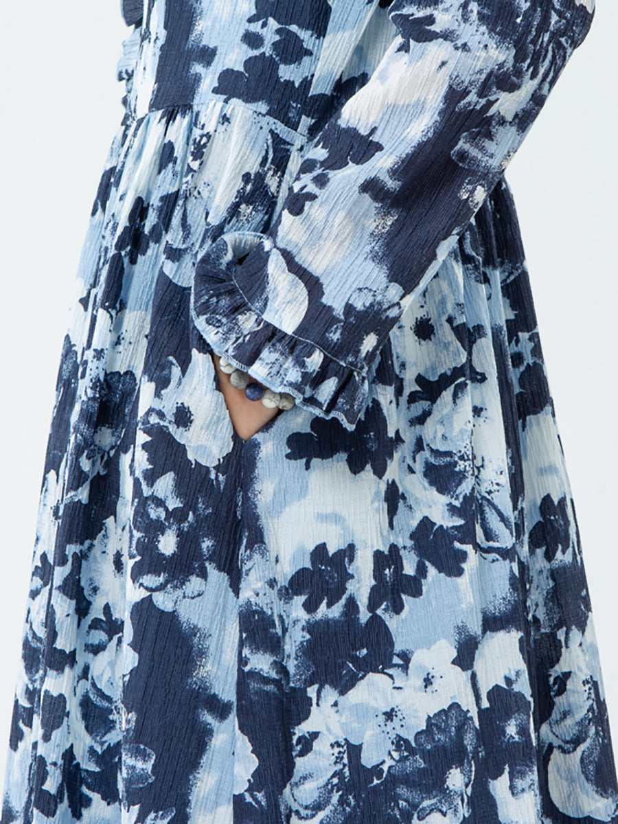 PLUS Größe - Damenkleid mit Blumenmuster und V-Ausschnitt und langen Ärmeln