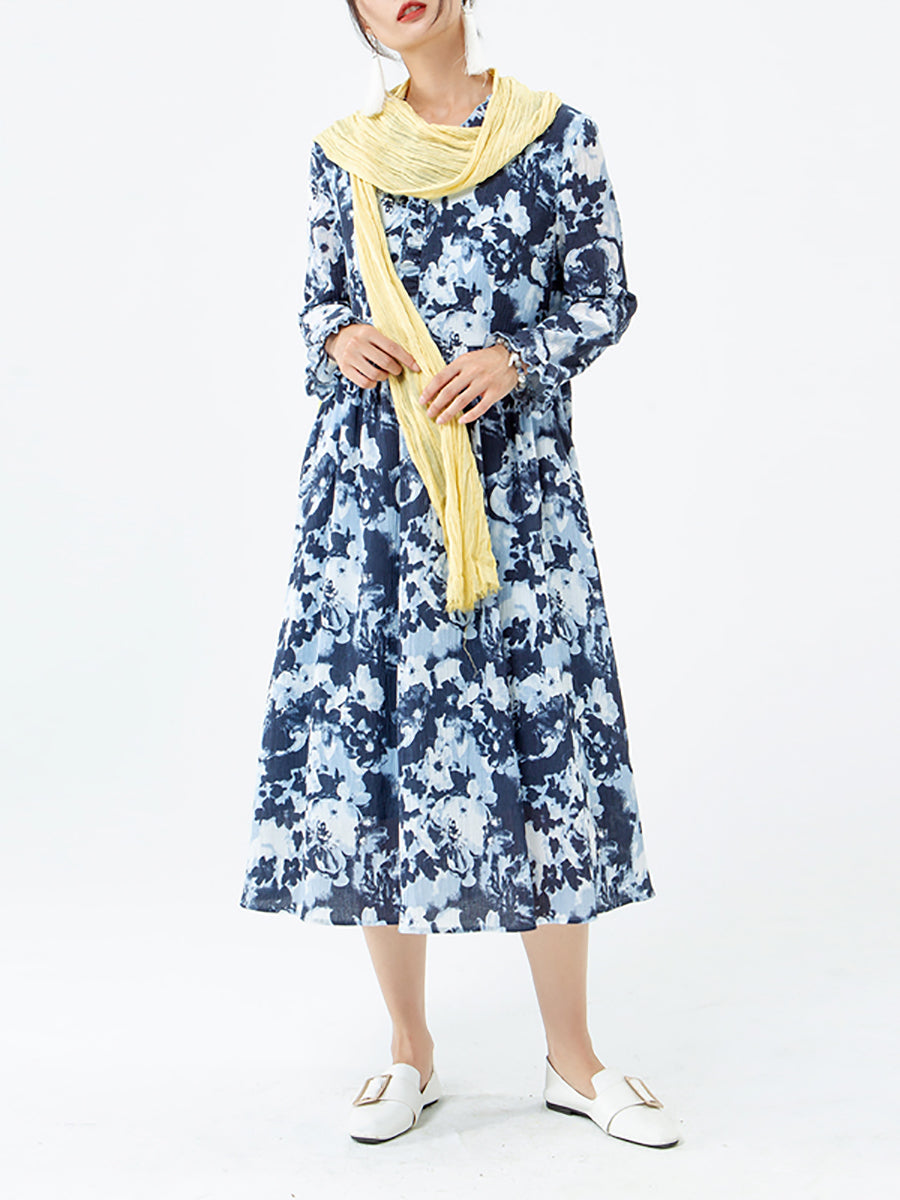 PLUS Größe - Damenkleid mit Blumenmuster und V-Ausschnitt und langen Ärmeln