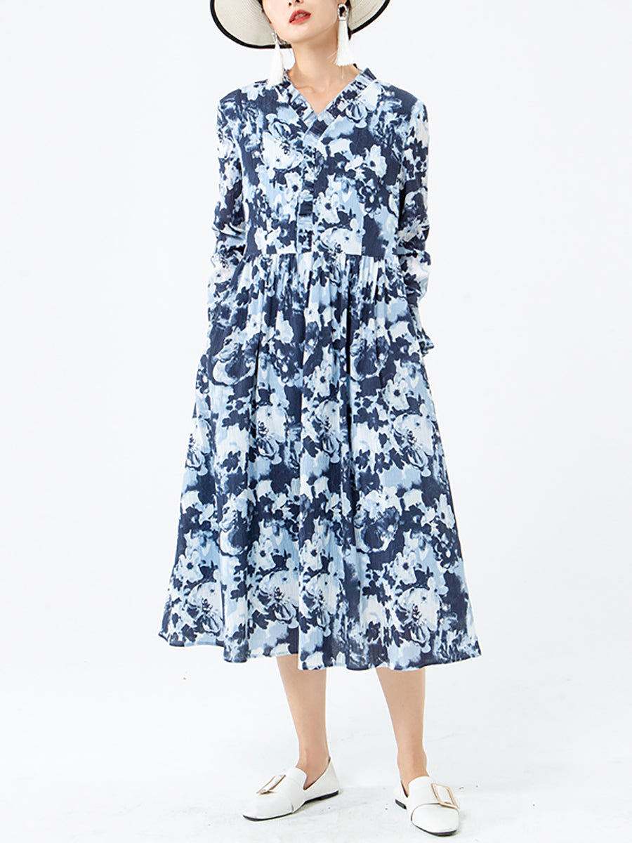 PLUS Größe - Damenkleid mit Blumenmuster und V-Ausschnitt und langen Ärmeln