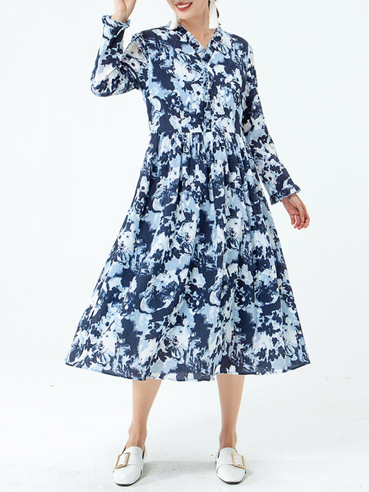 PLUS Größe - Damenkleid mit Blumenmuster und V-Ausschnitt und langen Ärmeln