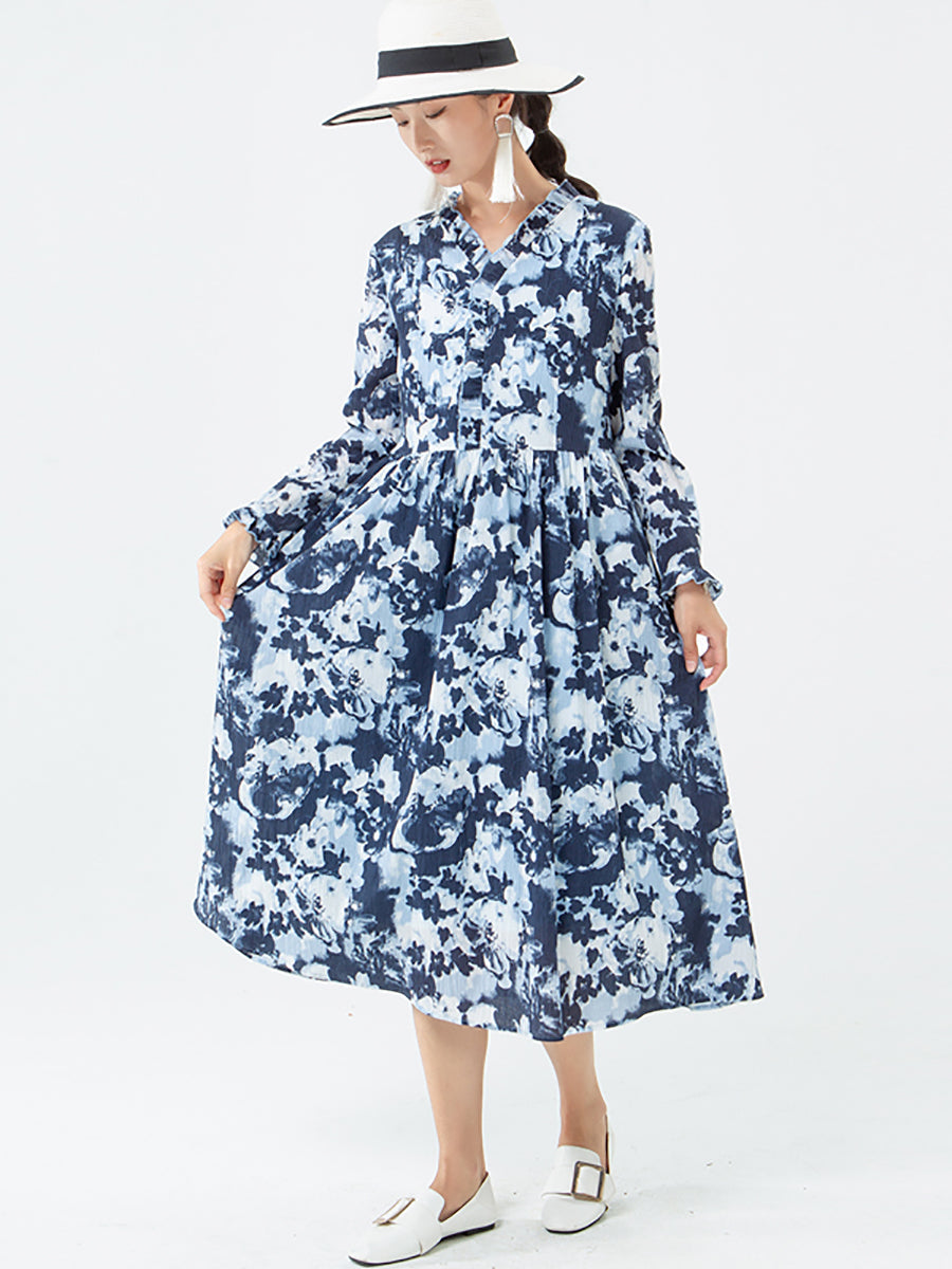 PLUS Größe - Damenkleid mit Blumenmuster und V-Ausschnitt und langen Ärmeln