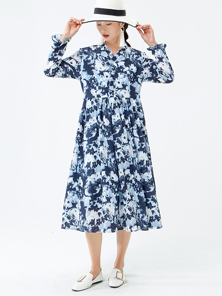PLUS Größe - Damenkleid mit Blumenmuster und V-Ausschnitt und langen Ärmeln