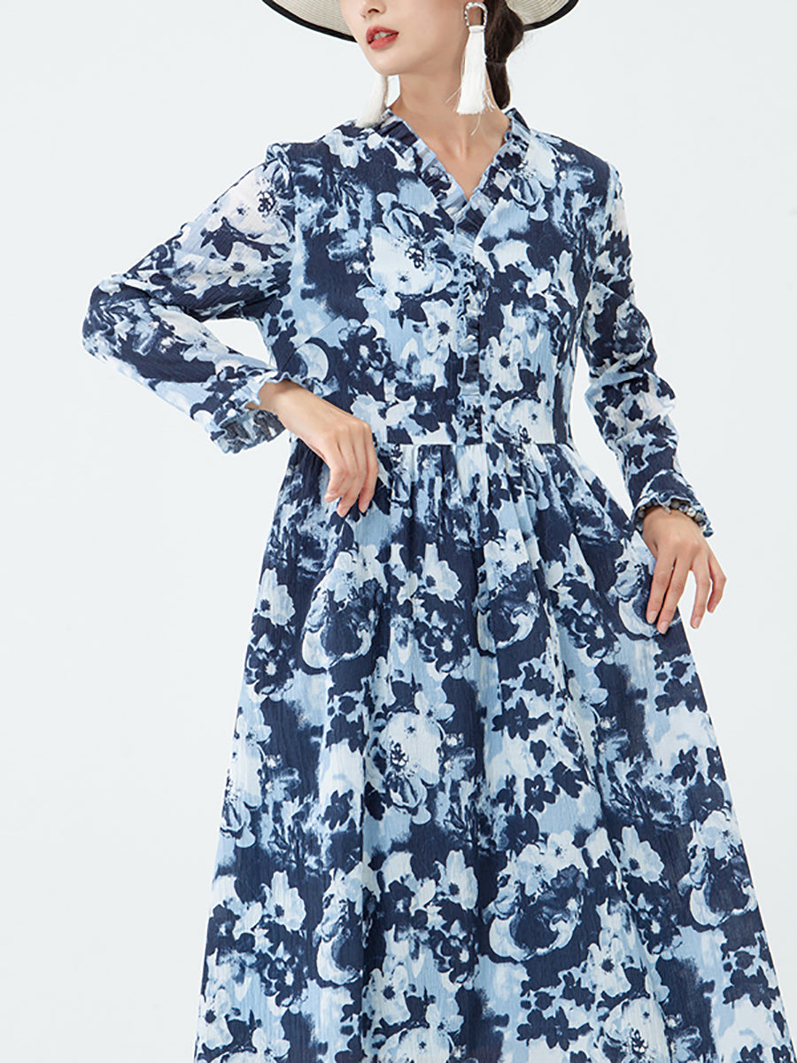 PLUS Größe - Damenkleid mit Blumenmuster und V-Ausschnitt und langen Ärmeln