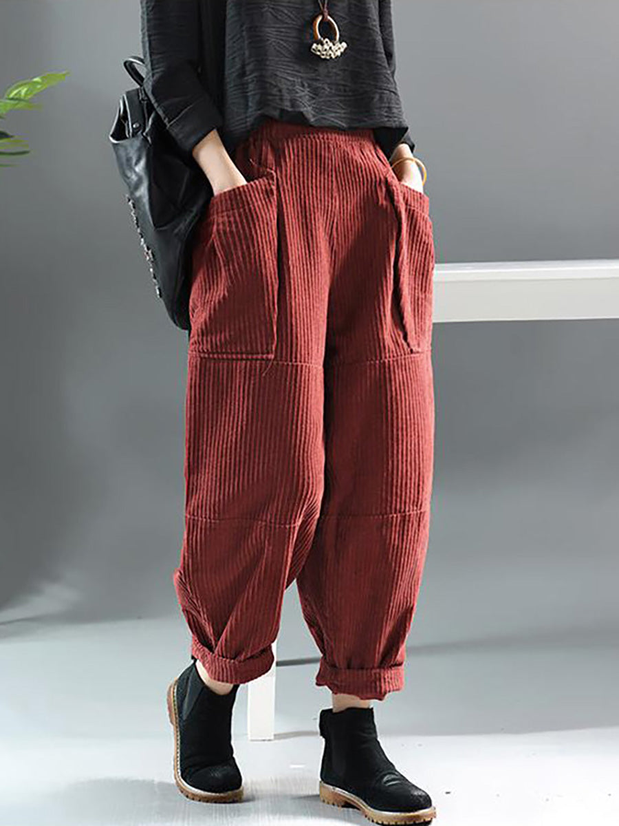 Plus Size Frühling Retro Cordhose in Volltonfarbe