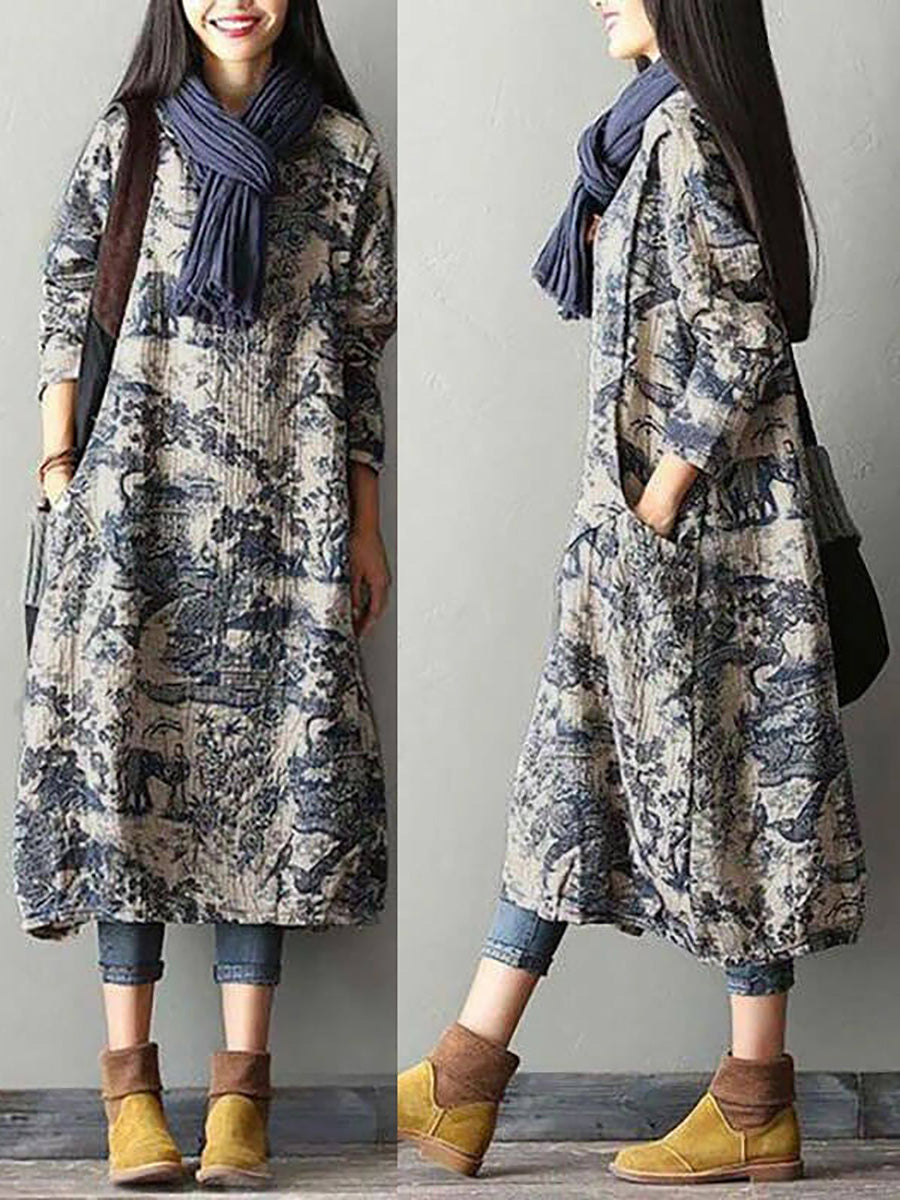 Damen Maxikleid in Übergröße, Blumenmuster, Baumwolle, Vintage, lässig, lockerer Druck