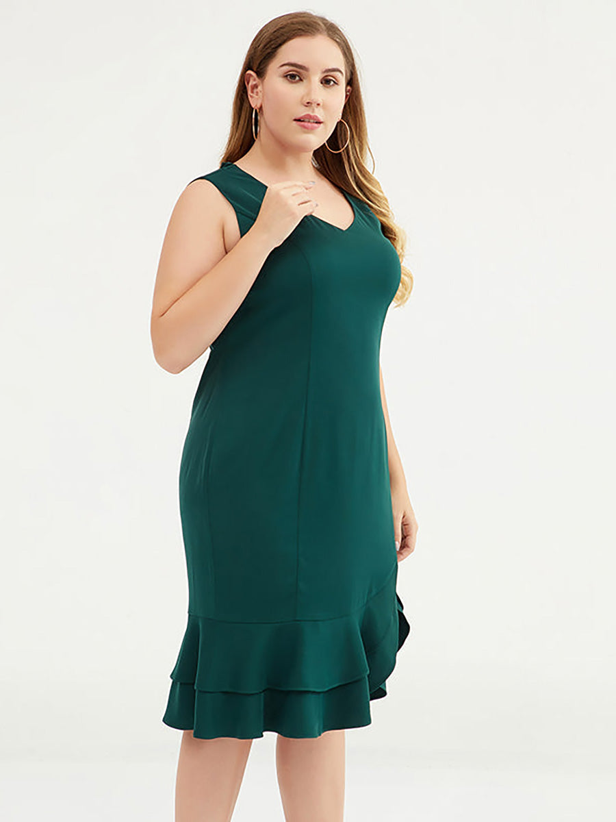 Plus Size Modisches, einfarbiges, ärmelloses Kleid mit V-Ausschnitt