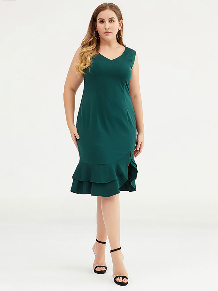 Plus Size Modisches, einfarbiges, ärmelloses Kleid mit V-Ausschnitt