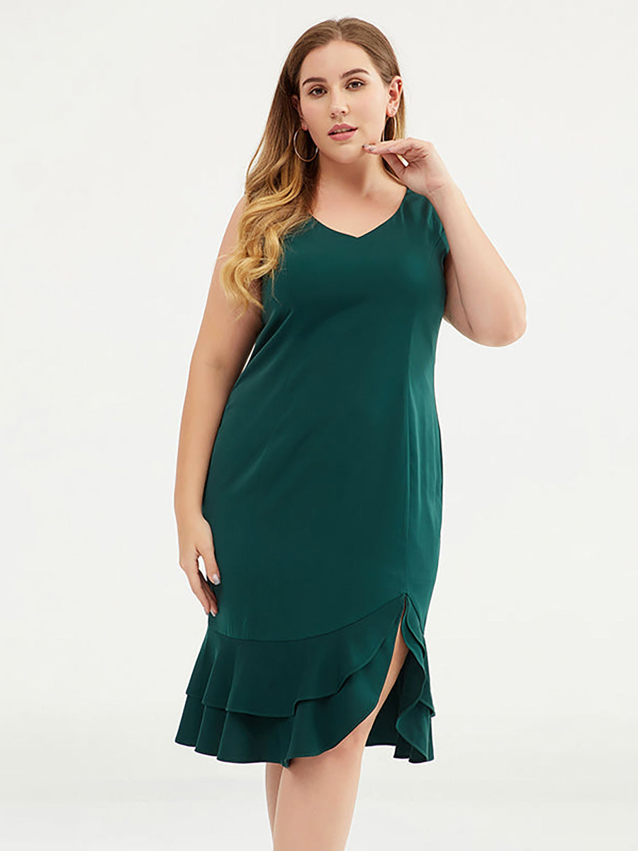Plus Size Modisches, einfarbiges, ärmelloses Kleid mit V-Ausschnitt