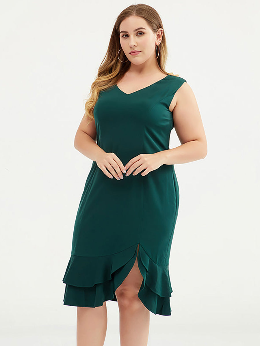 Plus Size Modisches, einfarbiges, ärmelloses Kleid mit V-Ausschnitt