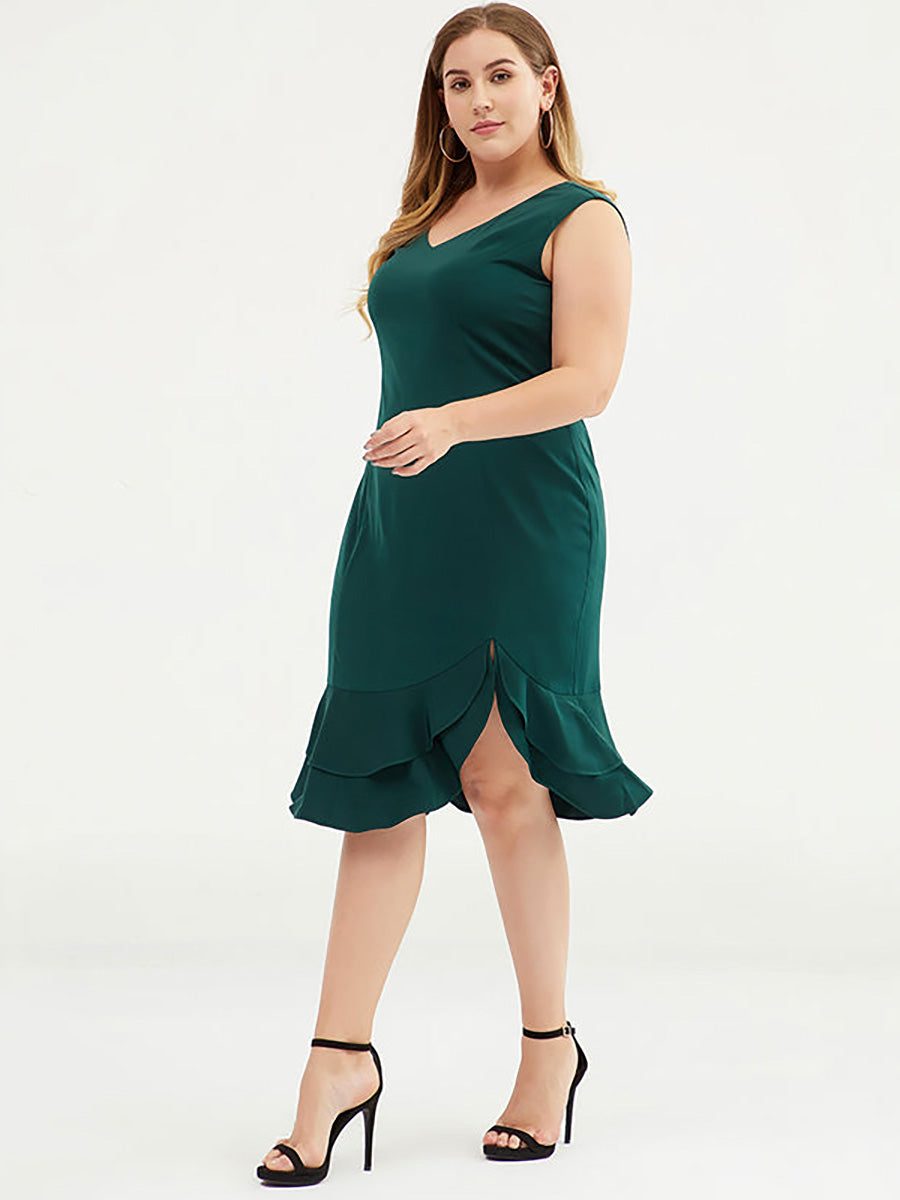 Plus Size Modisches, einfarbiges, ärmelloses Kleid mit V-Ausschnitt