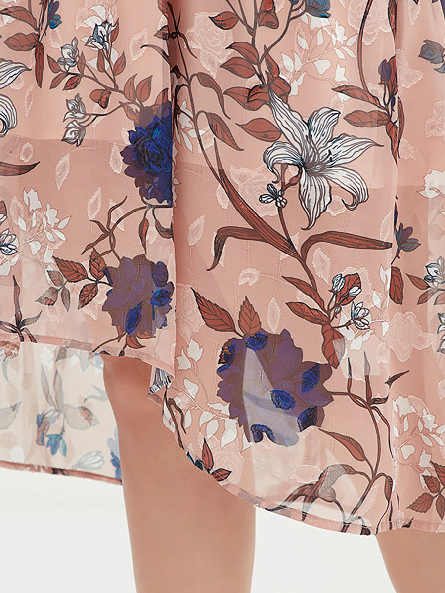 Übergröße Damen Chiffon-Midikleid mit Blumenmuster und Gürtel