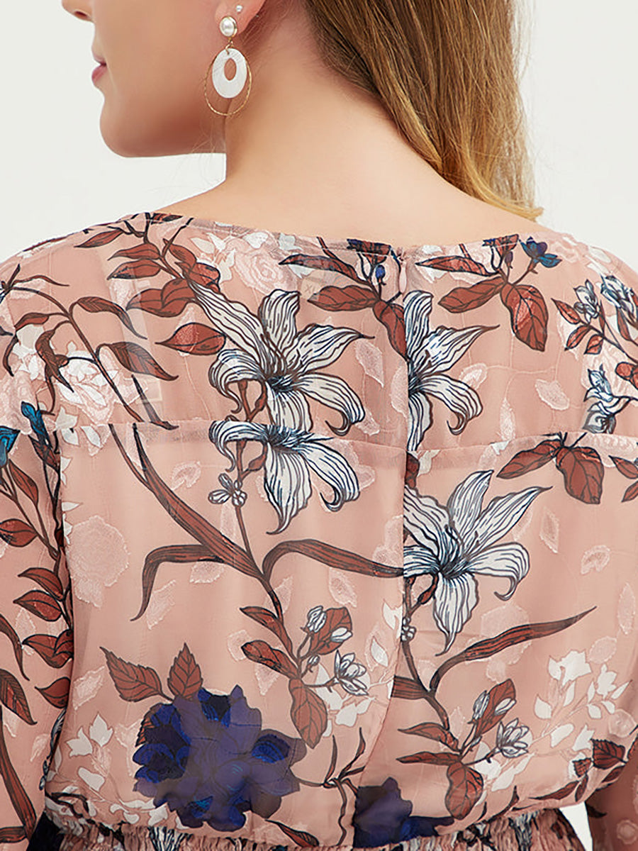 Übergröße Damen Chiffon-Midikleid mit Blumenmuster und Gürtel
