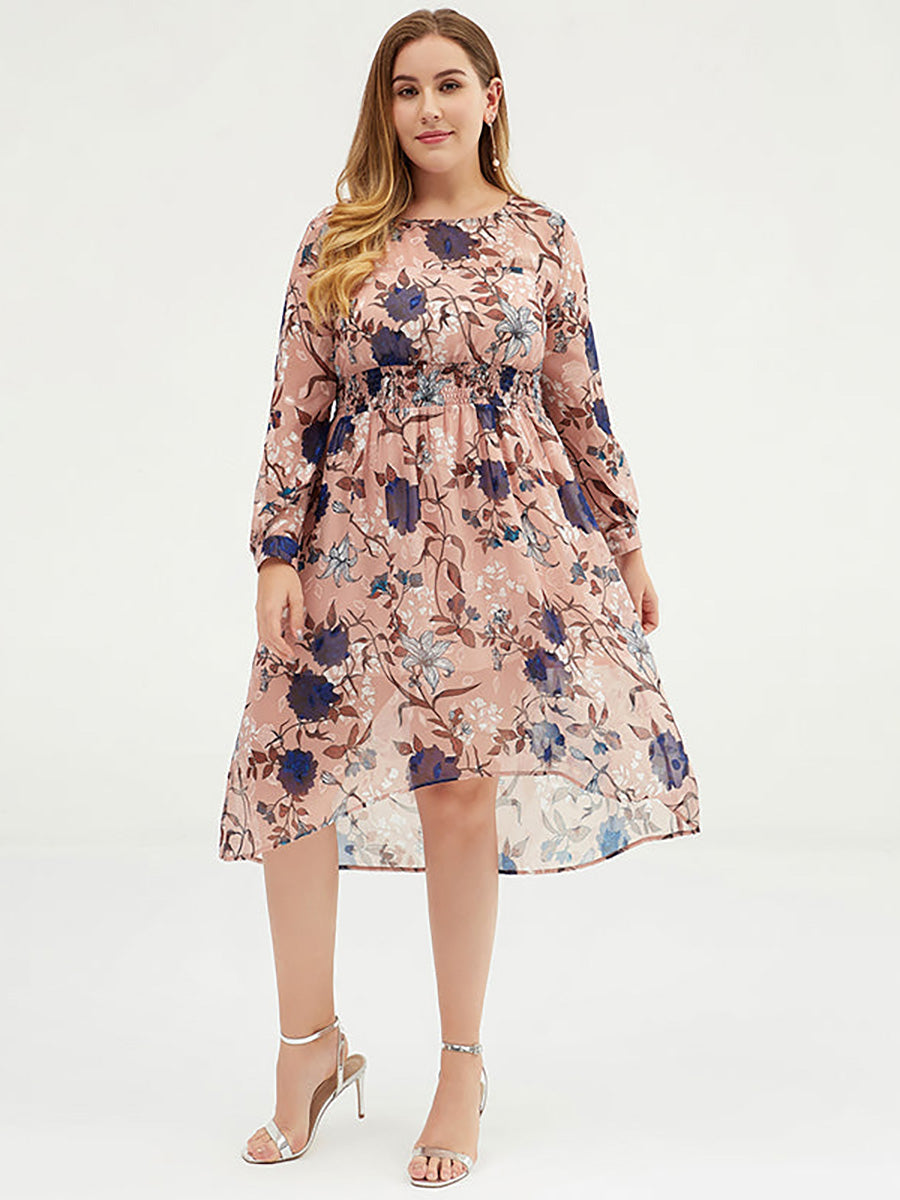 Übergröße Damen Chiffon-Midikleid mit Blumenmuster und Gürtel