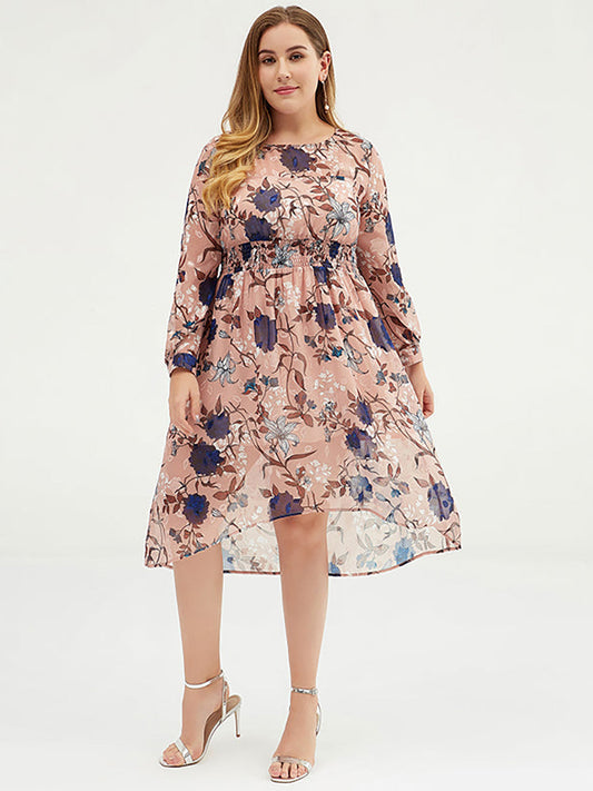 Übergröße Damen Chiffon-Midikleid mit Blumenmuster und Gürtel