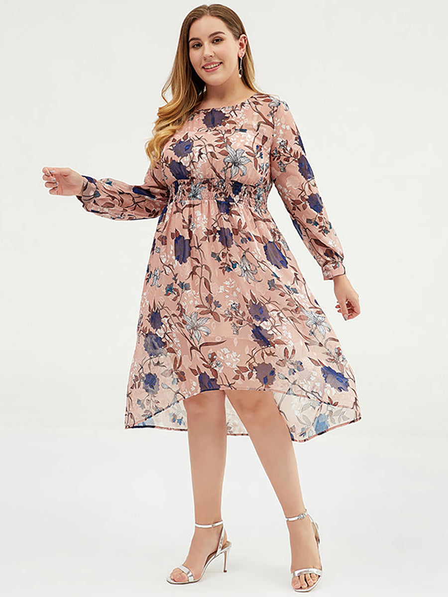 Übergröße Damen Chiffon-Midikleid mit Blumenmuster und Gürtel