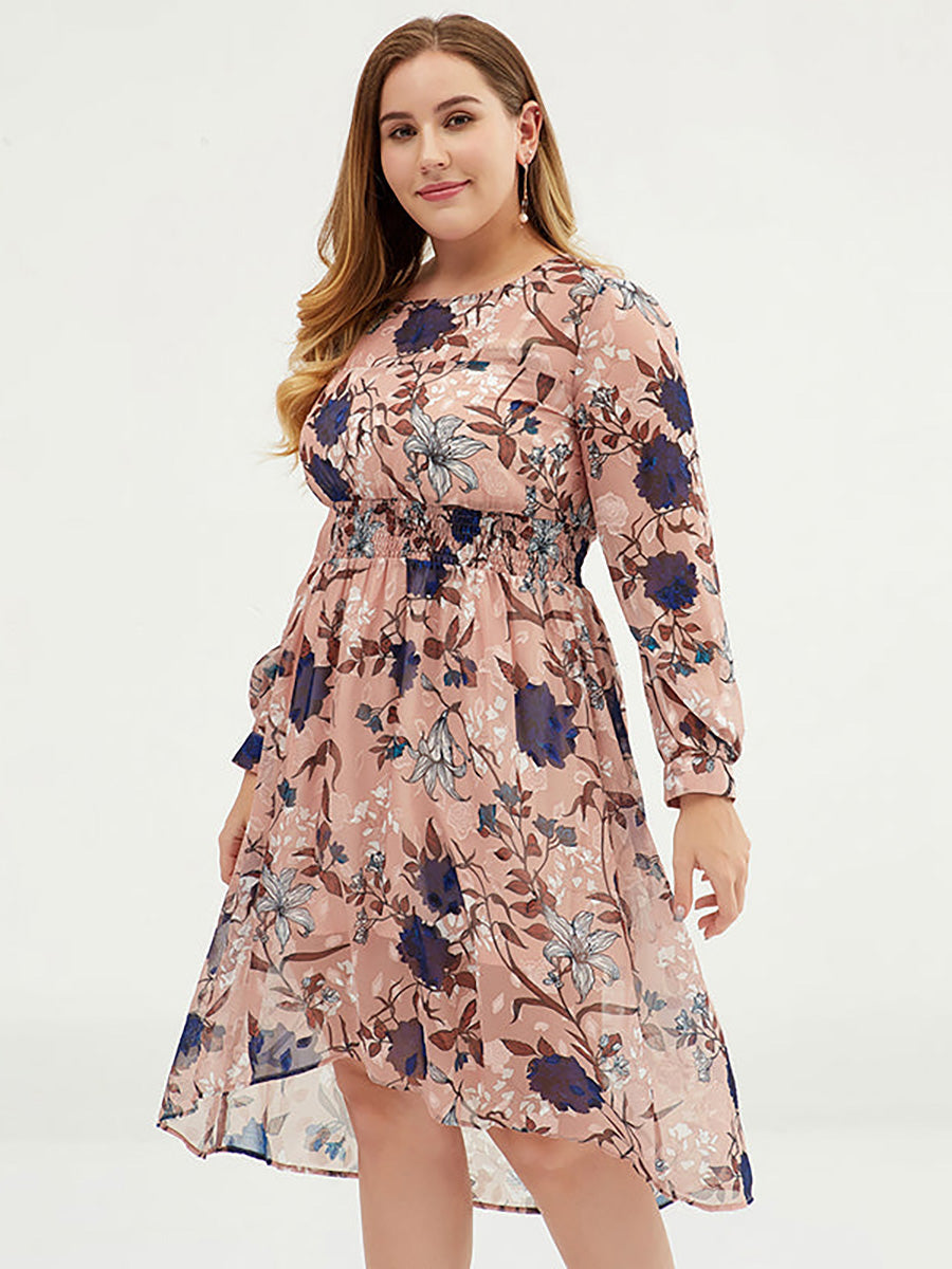 Übergröße Damen Chiffon-Midikleid mit Blumenmuster und Gürtel