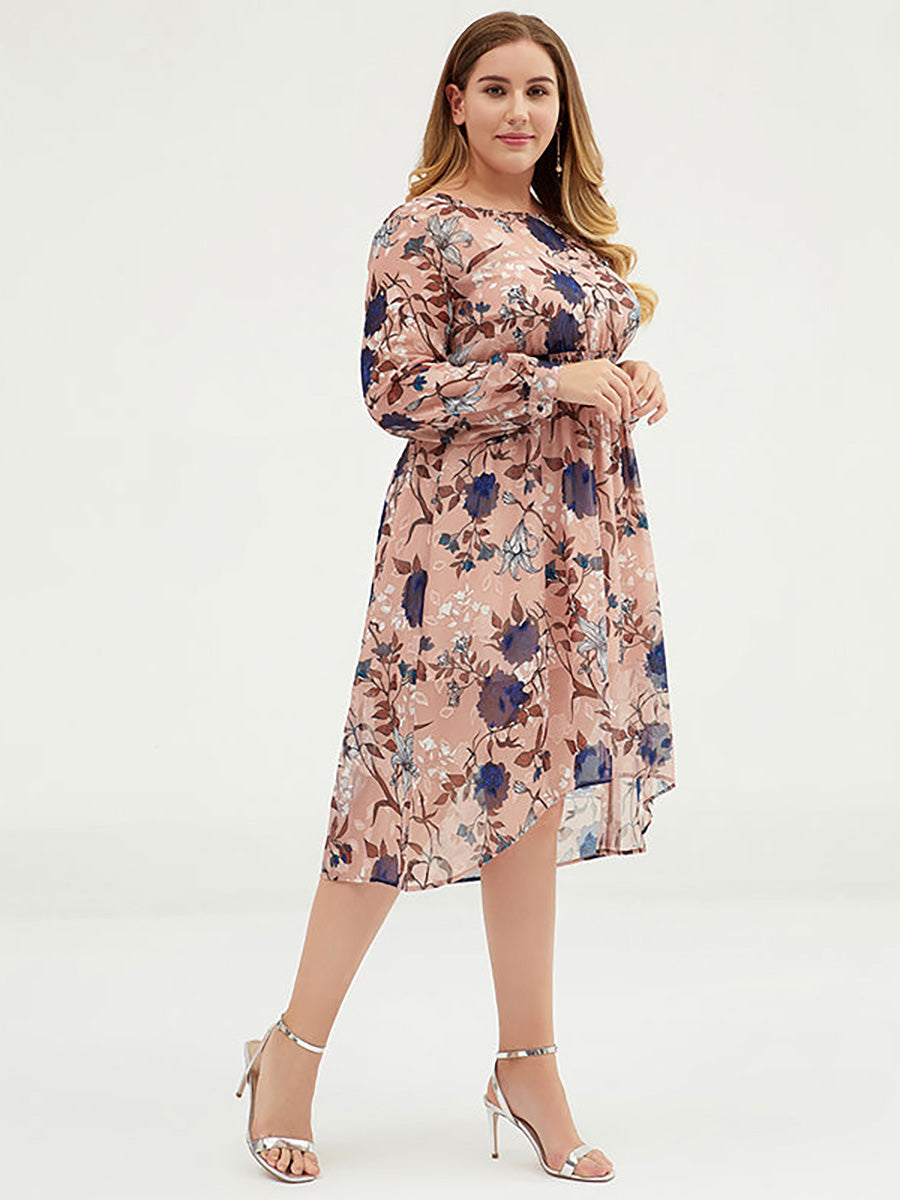 Übergröße Damen Chiffon-Midikleid mit Blumenmuster und Gürtel