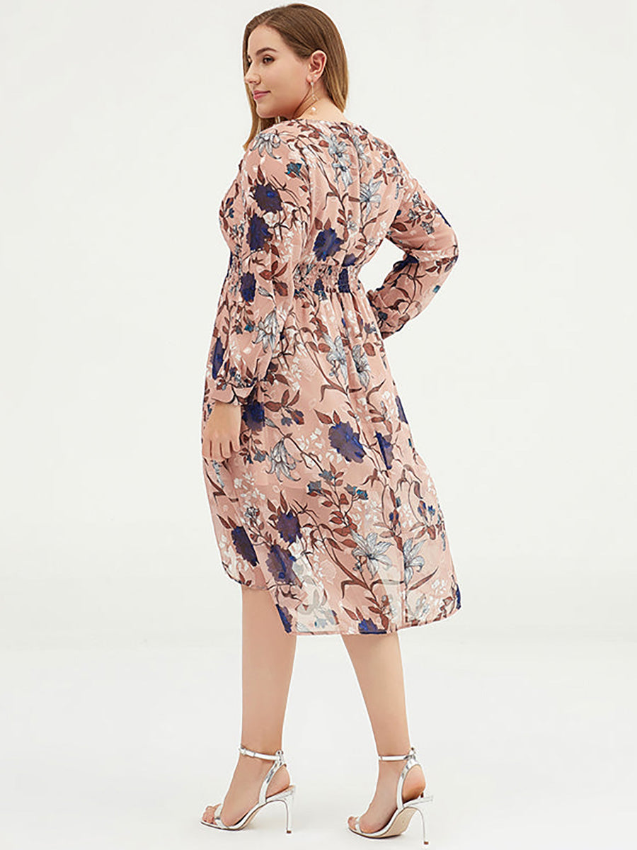 Übergröße Damen Chiffon-Midikleid mit Blumenmuster und Gürtel