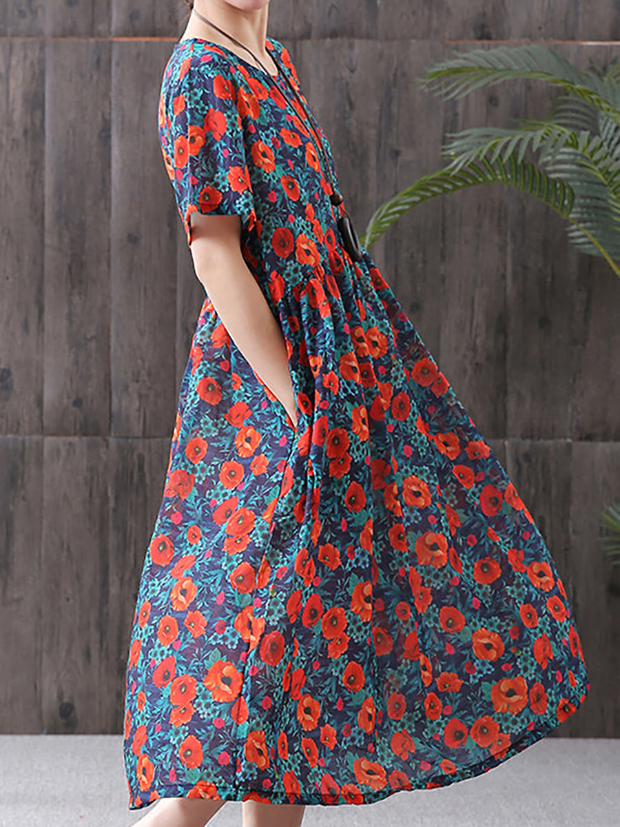 Große Größen - Lockeres A-Linien-Kleid aus Baumwollleinen mit Blumendruck