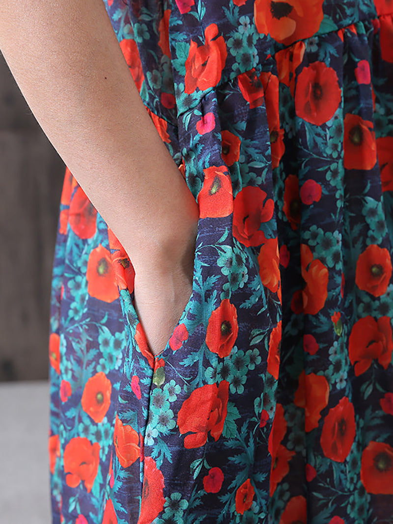 Große Größen - Lockeres A-Linien-Kleid aus Baumwollleinen mit Blumendruck