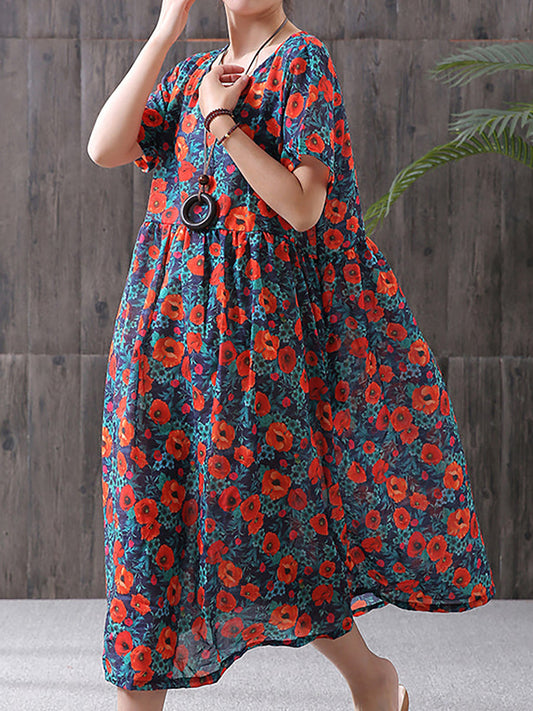 Große Größen - Lockeres A-Linien-Kleid aus Baumwollleinen mit Blumendruck