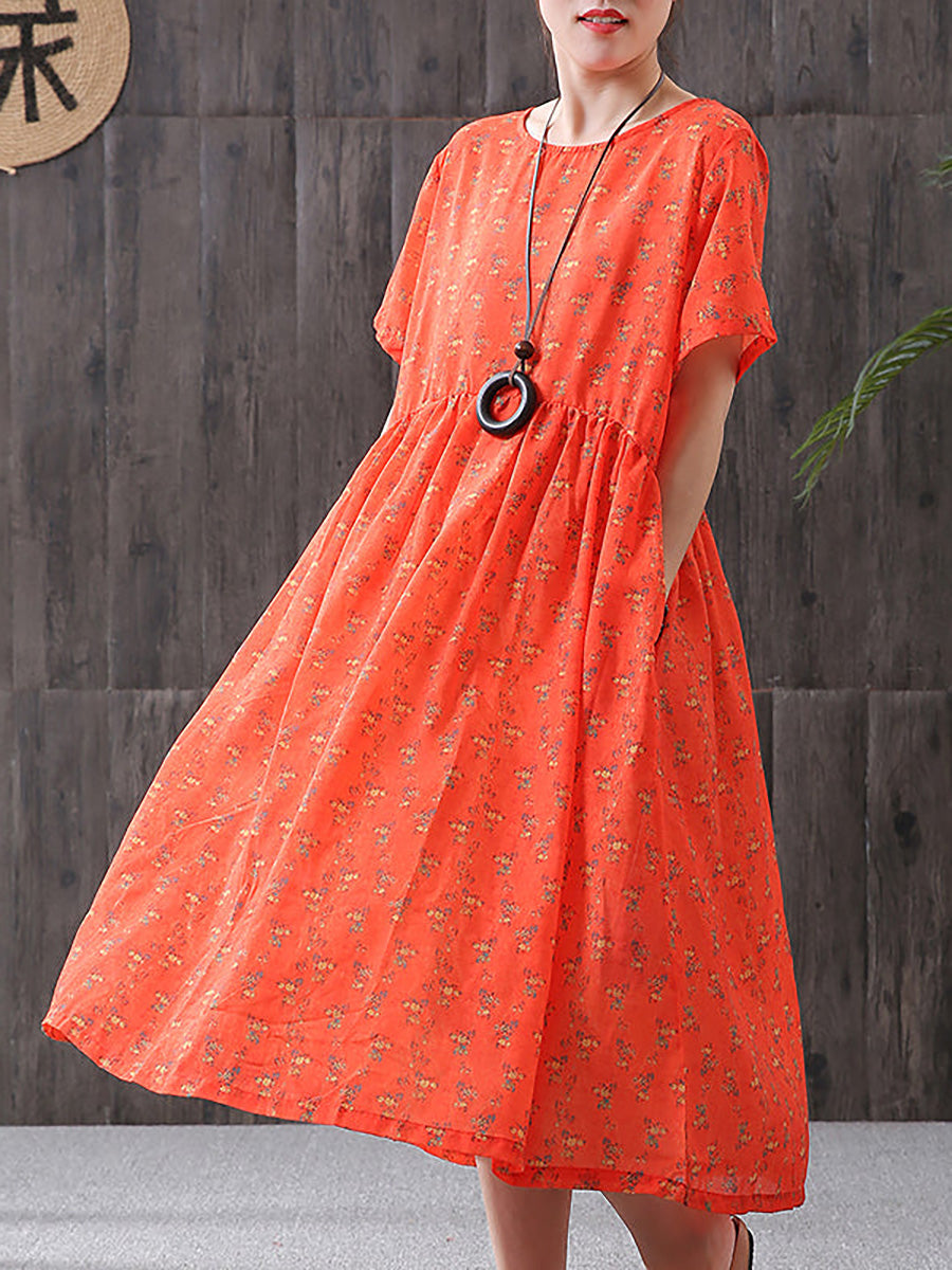 Große Größen - Lockeres A-Linien-Kleid aus Baumwollleinen mit Blumendruck