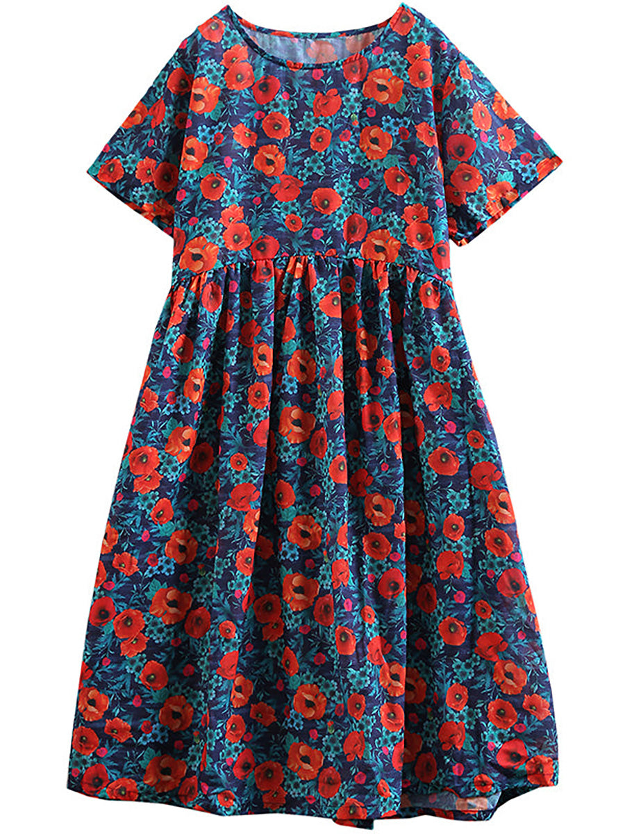 Große Größen - Lockeres A-Linien-Kleid aus Baumwollleinen mit Blumendruck