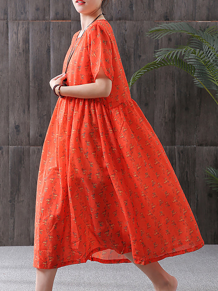 Große Größen - Lockeres A-Linien-Kleid aus Baumwollleinen mit Blumendruck