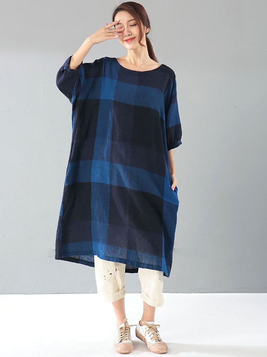 Plus Size Damen Literatur Gitter Lose Ellenbogen Ärmel Dunkelblau Kleid
