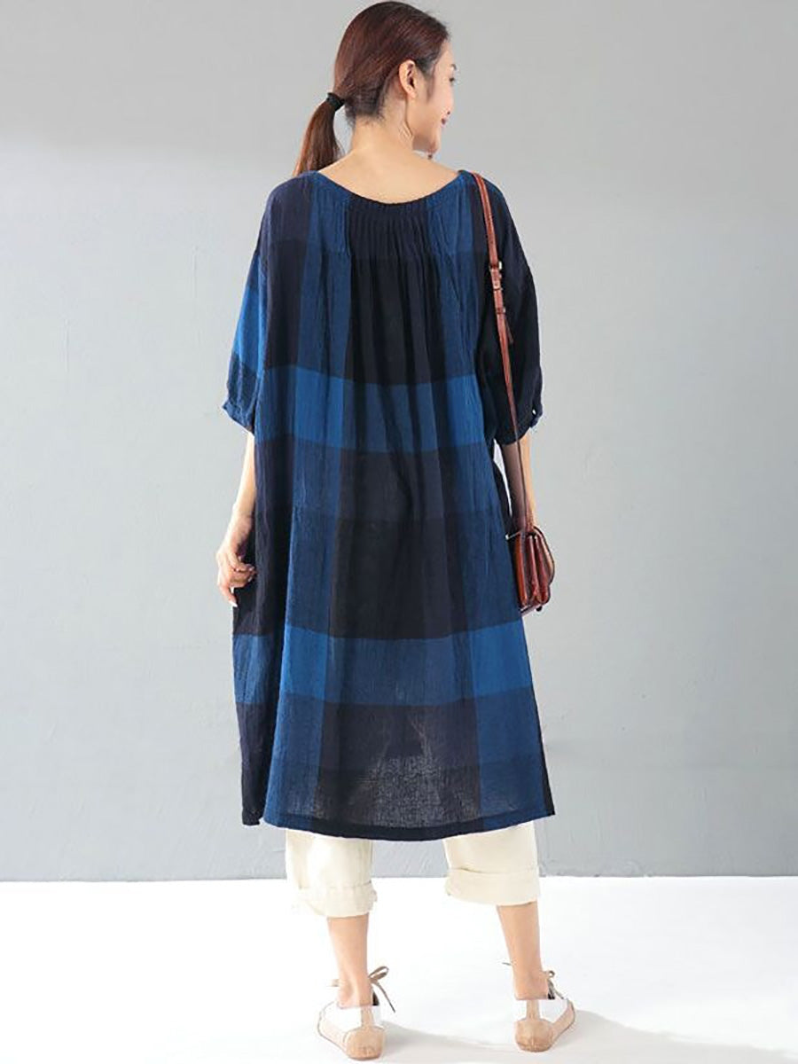 Plus Size Damen Literatur Gitter Lose Ellenbogen Ärmel Dunkelblau Kleid