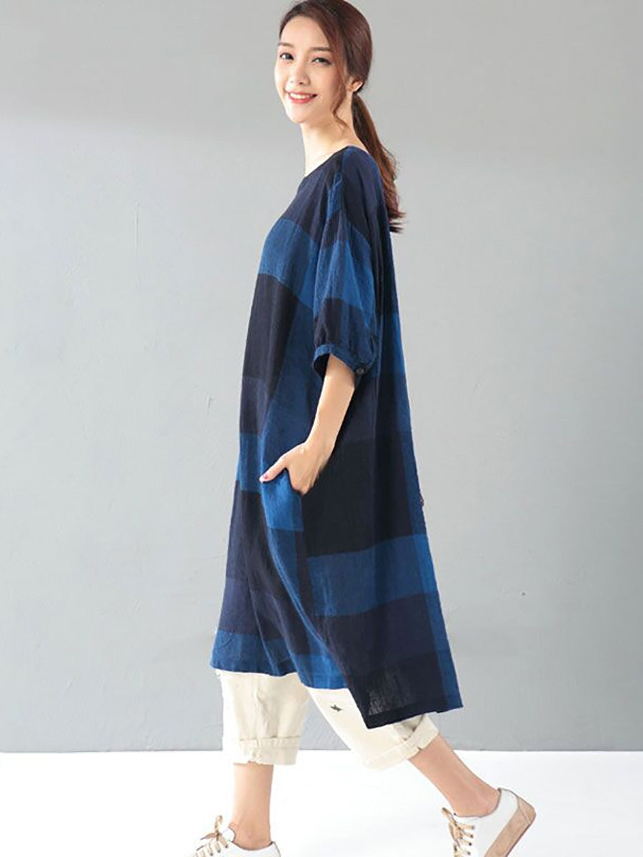 Plus Size Damen Literatur Gitter Lose Ellenbogen Ärmel Dunkelblau Kleid